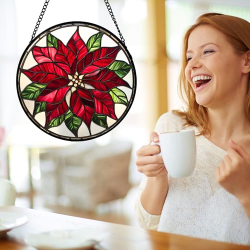 Red Poinsettia Flower Stained Glass Window Hanging Suncatcher Gifts 12" (Red and White / 11.8x11.8 IN)