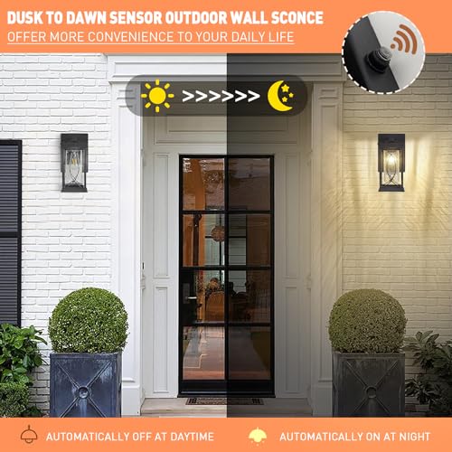 Dusk to Dawn Outdoor Wall Lanterns Small Modern Exterior Light Fixture Aluminum with Crack (Black-S)