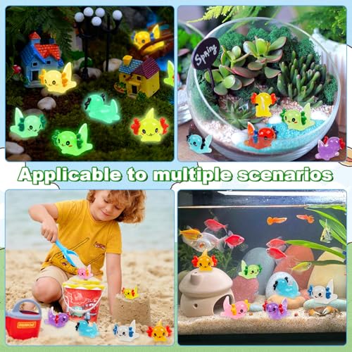 64PCS Luminous Mini Resin Axolotl 8 Colors Glow in The Dark Small Little Resin Axolot to Hide Bulk Miniature Plastic Animal Figures for Micro Landscape Dollhouse Fairy Garden Aquarium Potted DIY Decor (64pcs-axolotl)