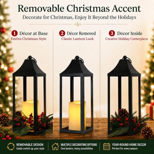 Black Metal Christmas Lantern with Flameless LED Candle Holiday Decor