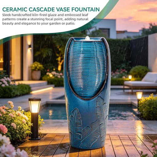 Autodaya 33" H Ceramic Jar Outdoor Water Fountain (32"h-leaf Pattern Teal Blue Glaze)