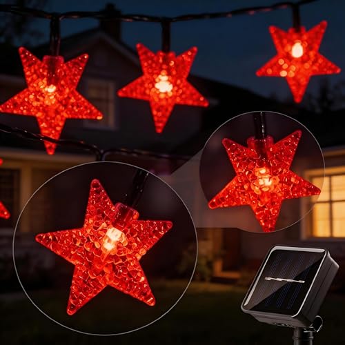 Solar Twinkle Star String Lights Outdoor Waterproof 39FT (Red)