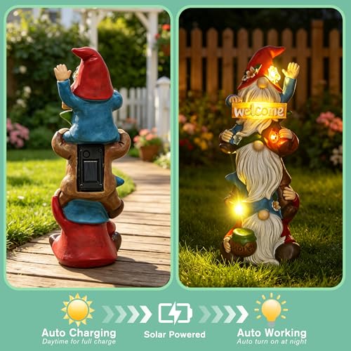 Garden Triple Stacked Gnome Statue with Solar Light Outdoor Decor (Solar Gnome)