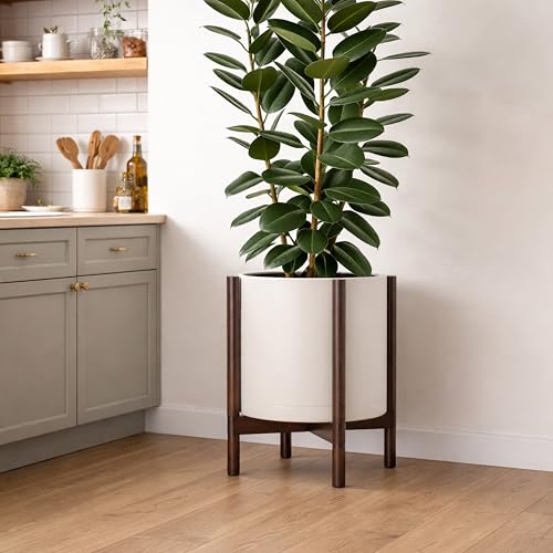 Plastic Pot with Walnut Wood Stand (Oatmeal Pot + Walnut Color Stand / 14 Inch)