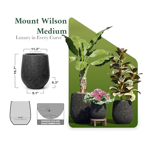 Signature Mount Wilson Modern Indoor Outdoor Fiberstone Tapered Planter (Ribbed Black / 15'' D x 16.7'' H)