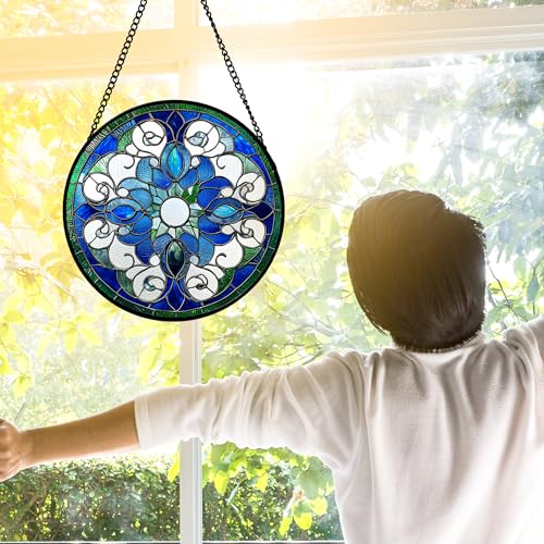 Blue Floral Mandala Stained Glass Window Hanging Suncatcher Gifts 12"