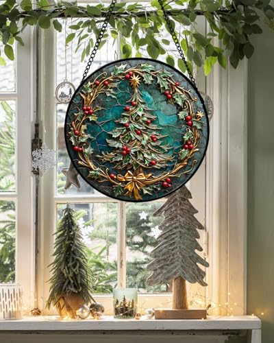 Christmas Teal Evergreen Stained Glass Window Hanging Suncatcher Gifts 15" (Cyan / 14.9x14.9 IN)