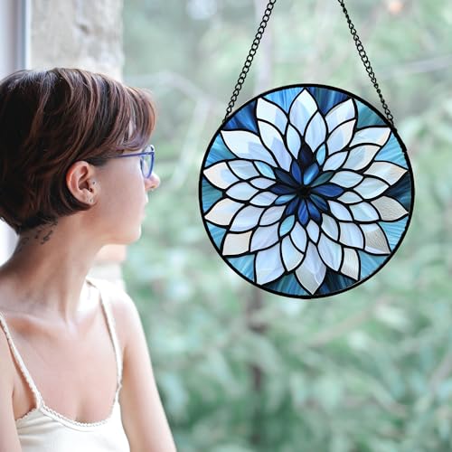 Abstract Lotus Stained Glass Window Hanging Suncatcher Gift for Women 7.8" (Blue and White / 7.8x7.8 IN)