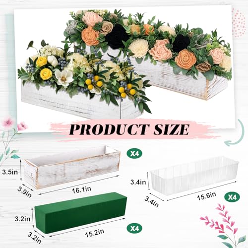4 Set Wood Boxes for Centerpieces 16x4 Inch Rectangle Wooden Planter Box Rustic Wooden Planters with Removable Plastic Liner Floral Foam Blocks for Christmas Wedding Home Garden Decor (16 x 4 Inch / White)