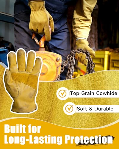 Cowhide Leather Gardening Work Gloves for Men 12 Pairs Golden XL (Golden - Classic / X-Large)