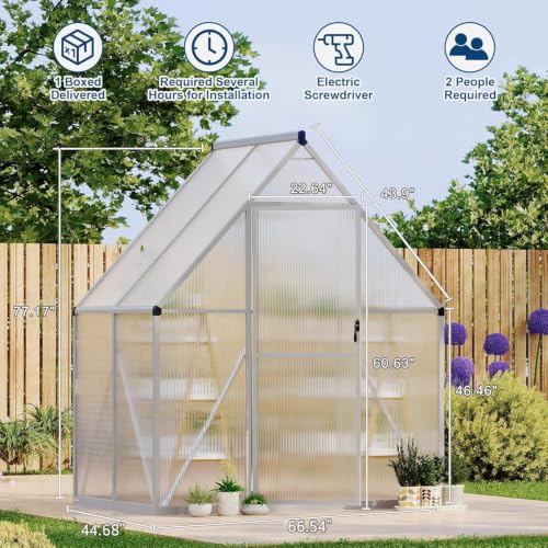 6X4FT Polycarbonate Greenhouse with Aluminum Frame (Silver / 6x4FT)