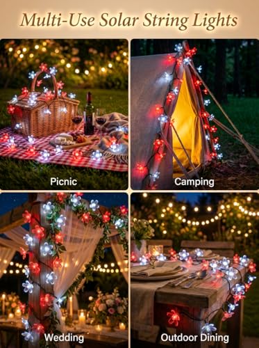Solar Flower String Lights Outdoor Waterproof 50 LED Fairy Lights (Red&White / 1 Pack)