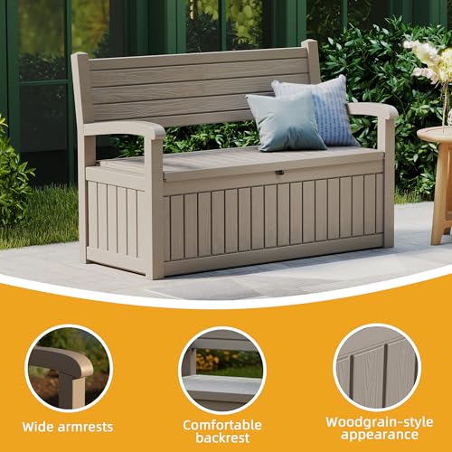 80 Gallon Outdoor Storage Bench Lockable Deck Box Outdoor Storage Box Waterproof for Patio (Grey Srtipe / 80 Gallon)