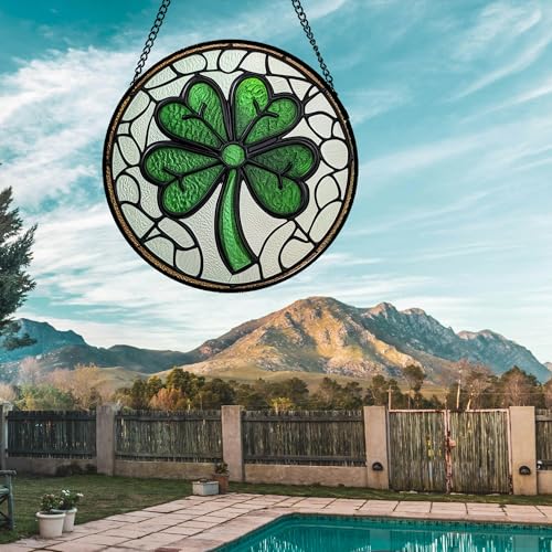 Lucky Clover Stained Glass Window Hanging Suncatcher Gift for Mom 9.8" (White and Green / 9.8x9.8 IN)