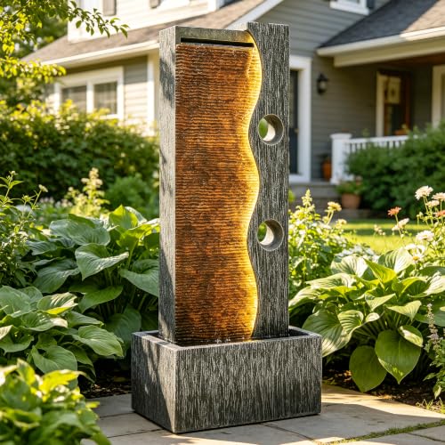 AUTODAYA 39" Modern Zen Outdoor Water Fountain LED Cascading Waterfall (Weathered Gray 39"h)