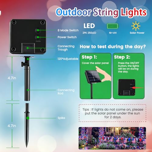 2pack 500LED Solar String Lights Outdoor Waterproof Red White Blue (Red White Blue / 2PK-500LED)