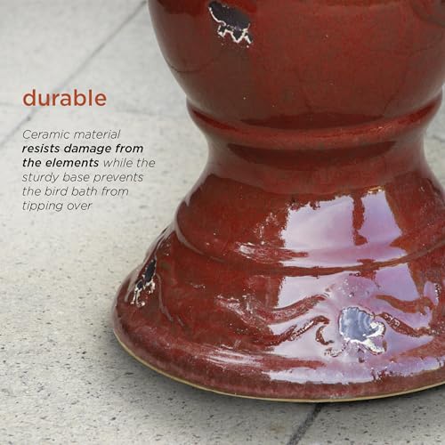 25" Tall Outdoor Antique Ceramic Birdbath with 2 Bird Figurines (Red)