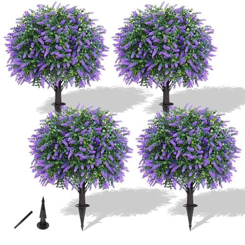 4Pack Fake Lavender Topiary Ball with Boxwood Leave & Ground Spike (Lavender-4pcs)