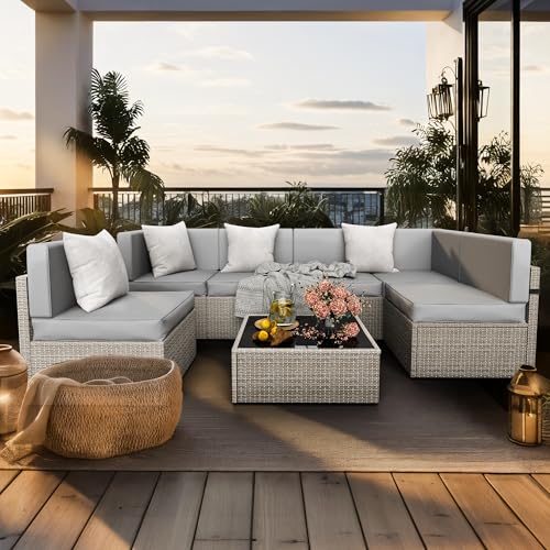 7 Piece Outdoor Sectional Furniture Set (Light Gray)