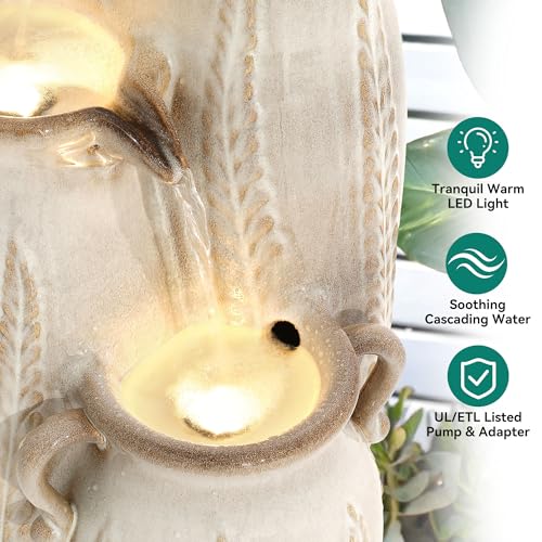 30" Ceramic Vase Water Fountain Outdoor with LED Lights (Beige Glaze Cascading Vase 29.5"h)