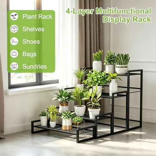 Plant Stand 4 Tier Widened Stackable Tiered Plant Stand (Black 9.84"W)