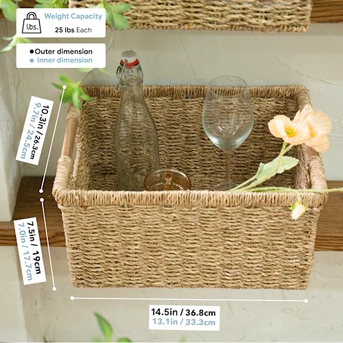 Large Wicker Storage Basket with Wooden Handles (Seagrass / Large (14.5"L x 10.3"W x 7.5"H))
