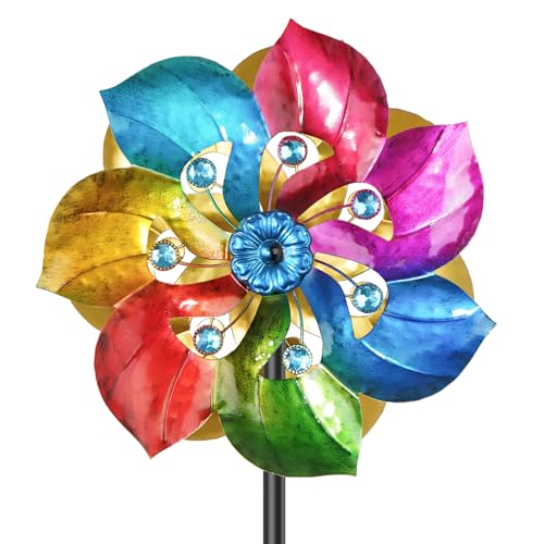 Double Sided Wind Spinner Outdoor Metal Wind Sculpture with Adjustable Height Pole & 5 Prong Base (Colorful)