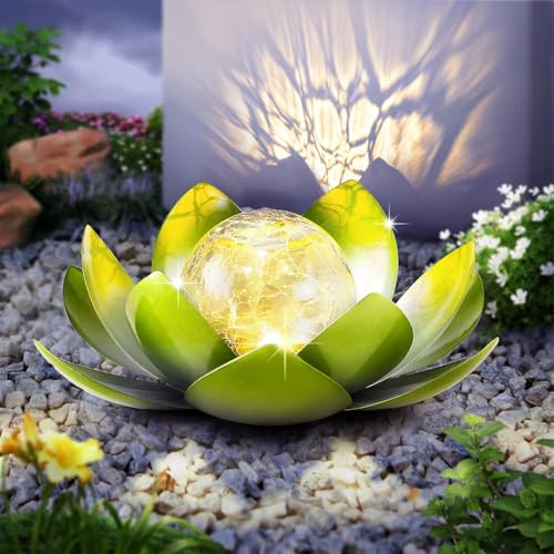 Solar Lights Outdoor Garden Decoration Crackle Globe Glass Waterproof LED Metal Green Lotus Flowers Gift for Mom (Green)