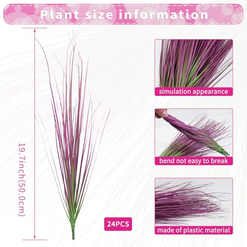 24 Bundles Artificial Grass Plants Outdoor Tall Faux Shrubs Greenery Stems Fake Onion Grasses Wheat UV Resistant for Outside Garden Indoor Office Home Decor（Pink） (Pink / 24Pcs)