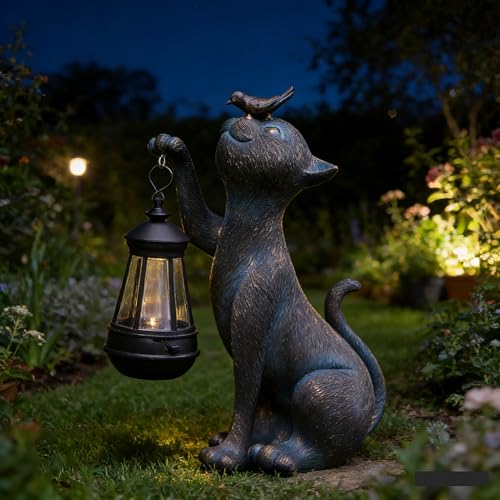 Outdoor Cat Statues Solar Garden Decor (Bird Cat)