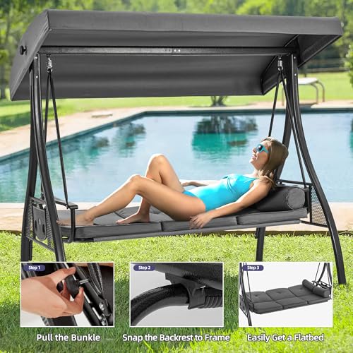 3 Seat Porch Swing with Adjustable Canopy (Gray)