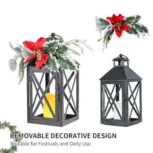 Christmas Lanterns 2 Pack 12'' Black Metal with Candle Holiday Decor