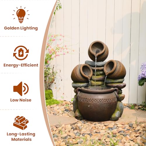 22" Tall Water Fountain Outdoor Cascading Bowls and Stacked Stones 3 Tiers Waterfalls Natural Water Feature with LED Lights for Garden (Brown-2)