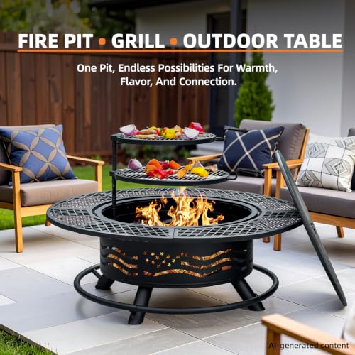 47 Inch Fire Pit with 2 Cooking Grates and Table Lid (Black / 47IN)