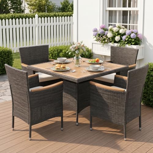 Rattan Patio Table and Chairs Set with Acacia Wood Tabletop (Grey-beige / 5-Pieces)