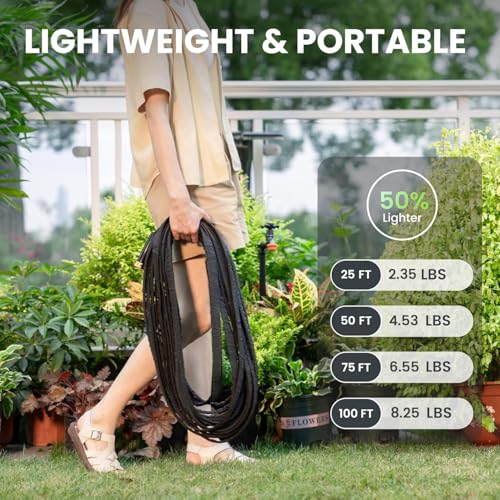 Garden Hose 100FT Lightweight Lay Flat Water Hose Kink Free Flexible Hose with 9 Spray Function Nozzle（Black）