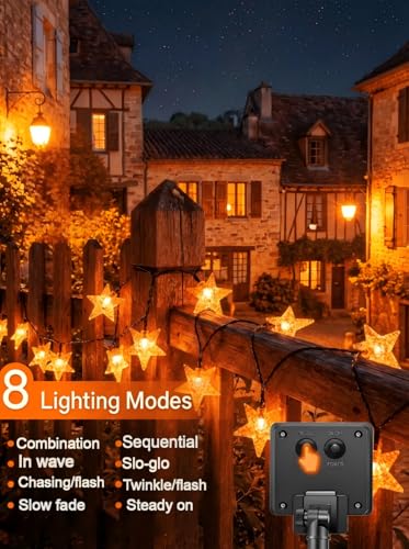 Twinkle Solar Star String Lights Outdoor Waterproof 39FT (Orange)