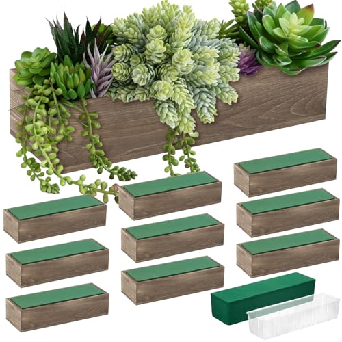 10 Set Wood Boxes for Centerpieces 12x4 Inch Rectangle Wooden Planter Box Rustic Wooden Planters with Removable Plastic Liner Floral Foam Blocks for Christmas Wedding Home Garden Decor (12 X 4 Inch / Brown)