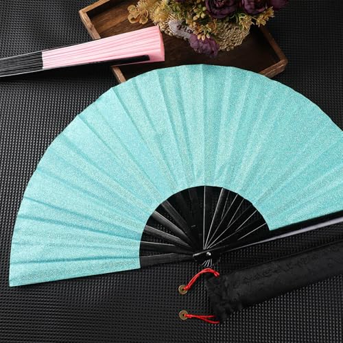 2 Packs Large Folding Hand Fans (Glitter Pink and Light Blue)