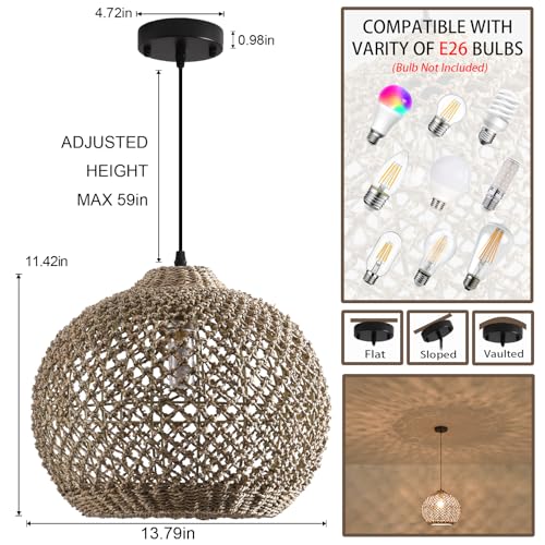 13.79" Rattan Pendant Light Fixture Farmhouse Seagrass Chandelier (1-Light 13.79 inch)