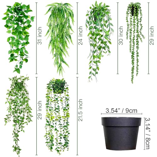 Fake Hanging Plants 6 Pack Artificial Hanging Eucalyptus Plants Potted Greenery Faux Mandala Vine String of Pearls Boston Fern Ivy Vine Leaves Pea Pod for Home Indoor Outdoor Shelf Wall Decor (21.5" / 6 Pcs Green)