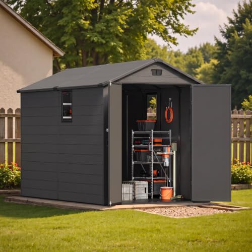 6x10 FT Plastic Outdoor Storage Shed with Floor (Dark Grey / 6x10)