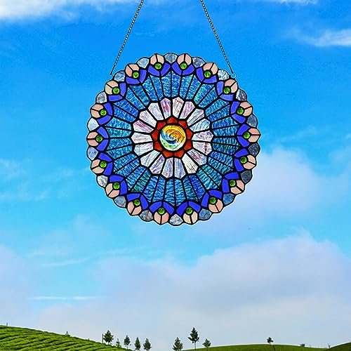 12 Inch Blue Mandala Stained Glass Window Panel (Blue & Red)