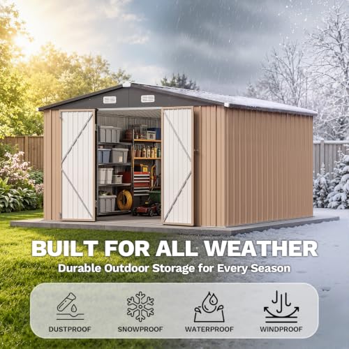 10x12 FT Outdoor Storage Shed with Lockable Double Doors (Brown / 10'x12')