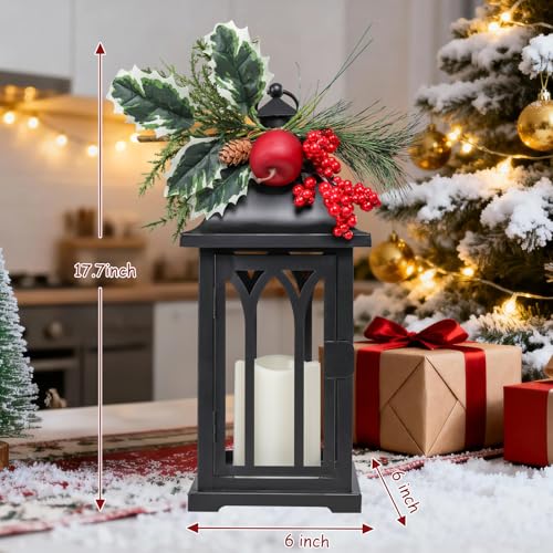 15 Inch Black Christmas Lanterns Set of 2 with LED Flameless Candles