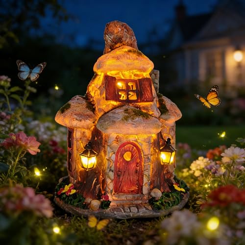 Fairy Garden House Statue with Solar LED Lights (Mossy Gnome Cottage)