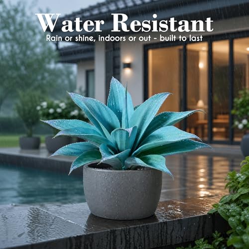 2-Pack 13-Inch Artificial Agave Plants for Outdoor Planters, UV Resistant Fake Agave Plants, Faux Succulent Greenery for Porch, Patio, Garden, Entryway and Indoor Decor, Blue (Agave12-blue2)