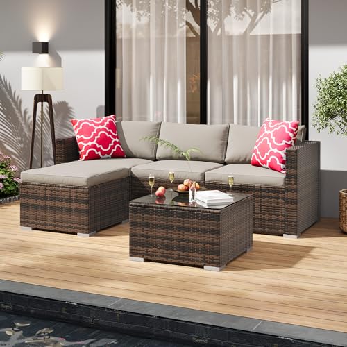 5-Piece All-Weather Patio Furniture Set, Convertible Outdoor Sectional Sofa with Ottoman & Tempered Glass Table, PE Rattan Conversation Set for Garden, Backyard, Porch, Poolside (Brown/Grey / 5 Pieces)