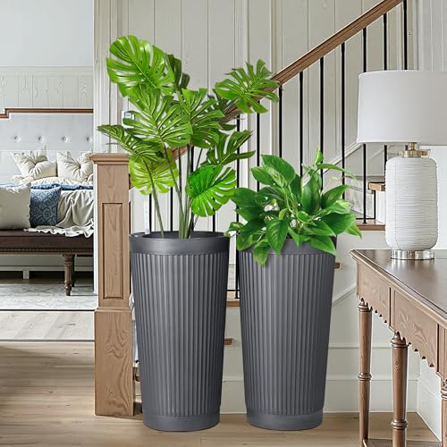 Self Watering Tall Planters Set of 2 (Gray-round Ribbed)