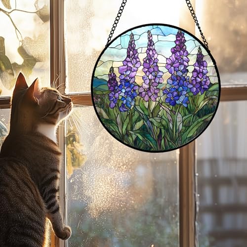 Purple Lupine Flowers Stained Glass Window Hanging Suncatcher Gift 12" (Purple and Green / 11.8x11.8 IN)